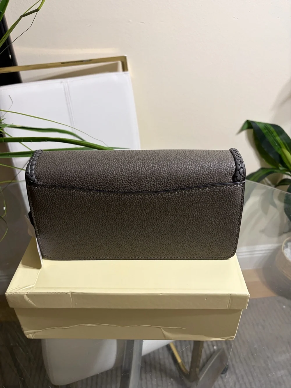 Braided Trim Pebbled Leather Clutch - Gray